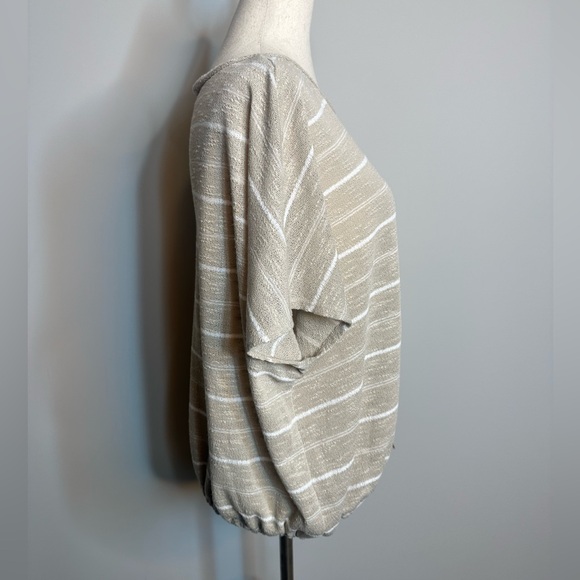 Sz L Max Studio tan white striped boat neck blouse cinched adjustable waist - Picture 6 of 8